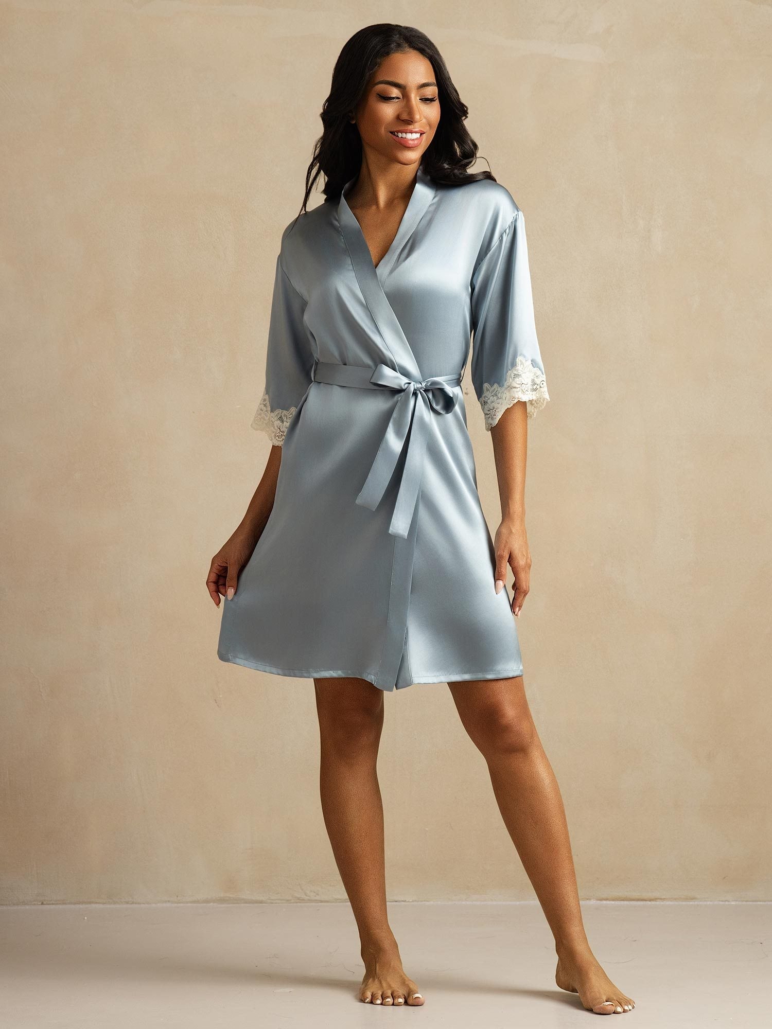 [Bleu Grisâtre] SilkSilky-FR Soie Womens Robe 006