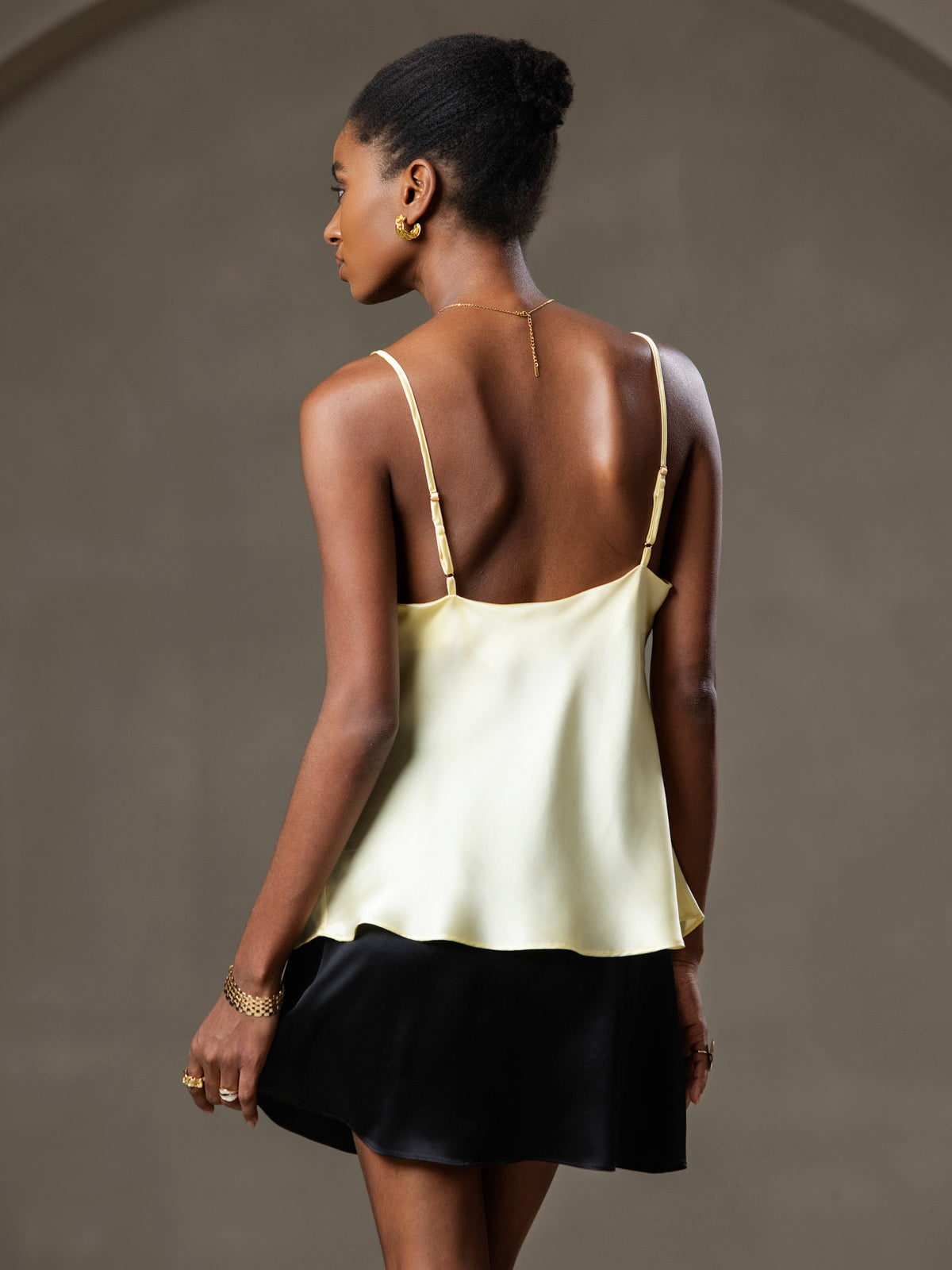 [Jaune Clair] SilkSilky-FR Pure Soie Col en V Top À Fines Brides 002