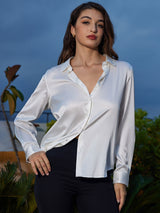 [Blanc] SilkSilky-FR Long Sleeve Lapel Collar Femme Chemise 001