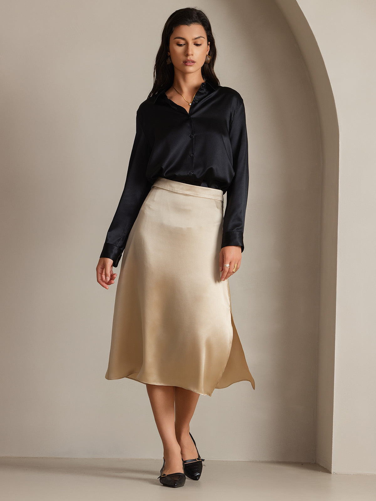 [Noir] SilkSilky-FR 19Momme Manches longues Col à Revers Femme Chemise 003