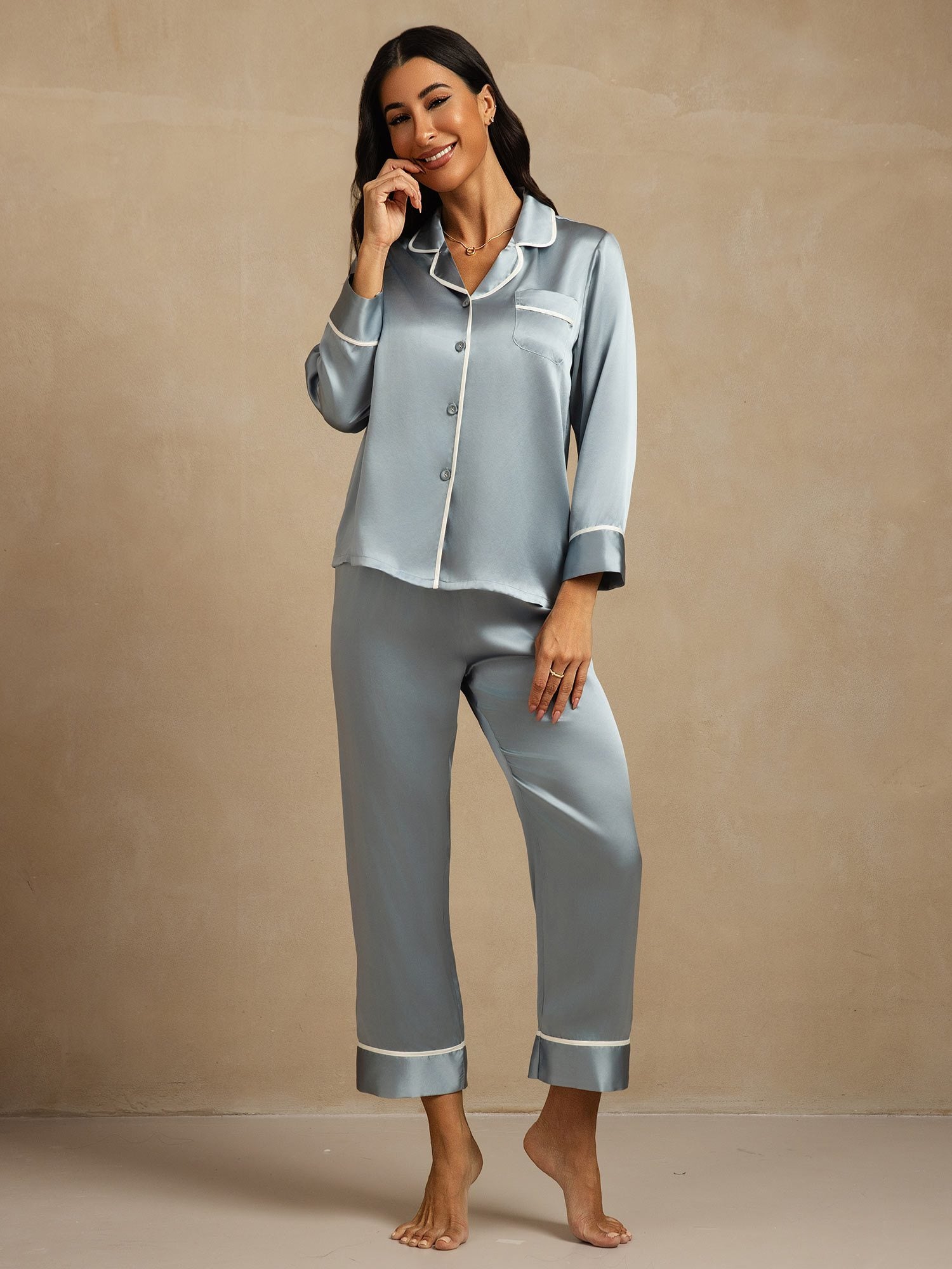 [BleuGrisâtre] SilkSilky-FR Soie Col Chemise Femme Pyjamas 006