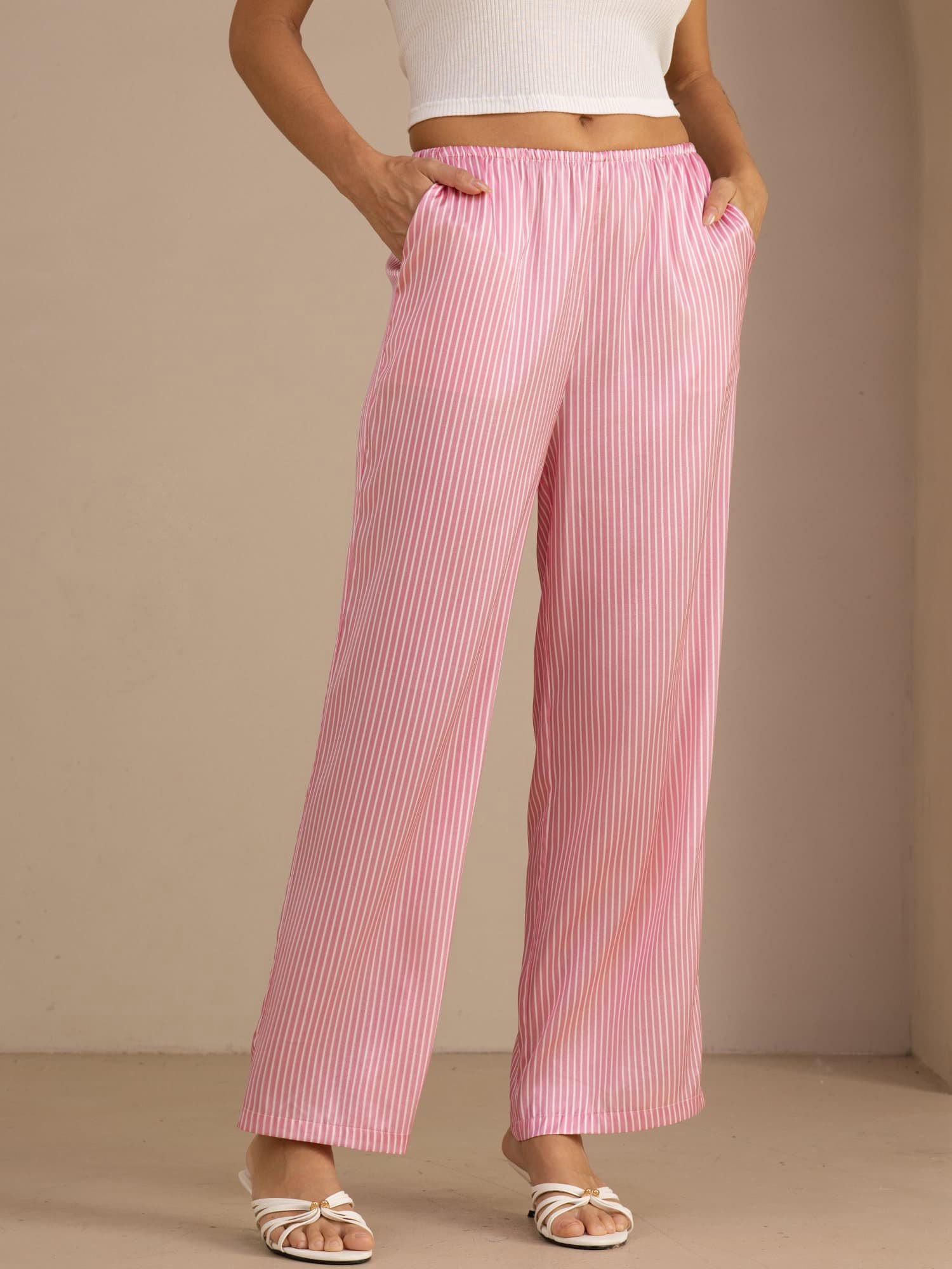 [Rayures Fines Roses] SilkSilky-FR Womens Pants 001