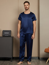 [Bleu Foncé] SilkSilky-FR Pure Soie Manches courtes Col Rond Homme Pyjamas 003