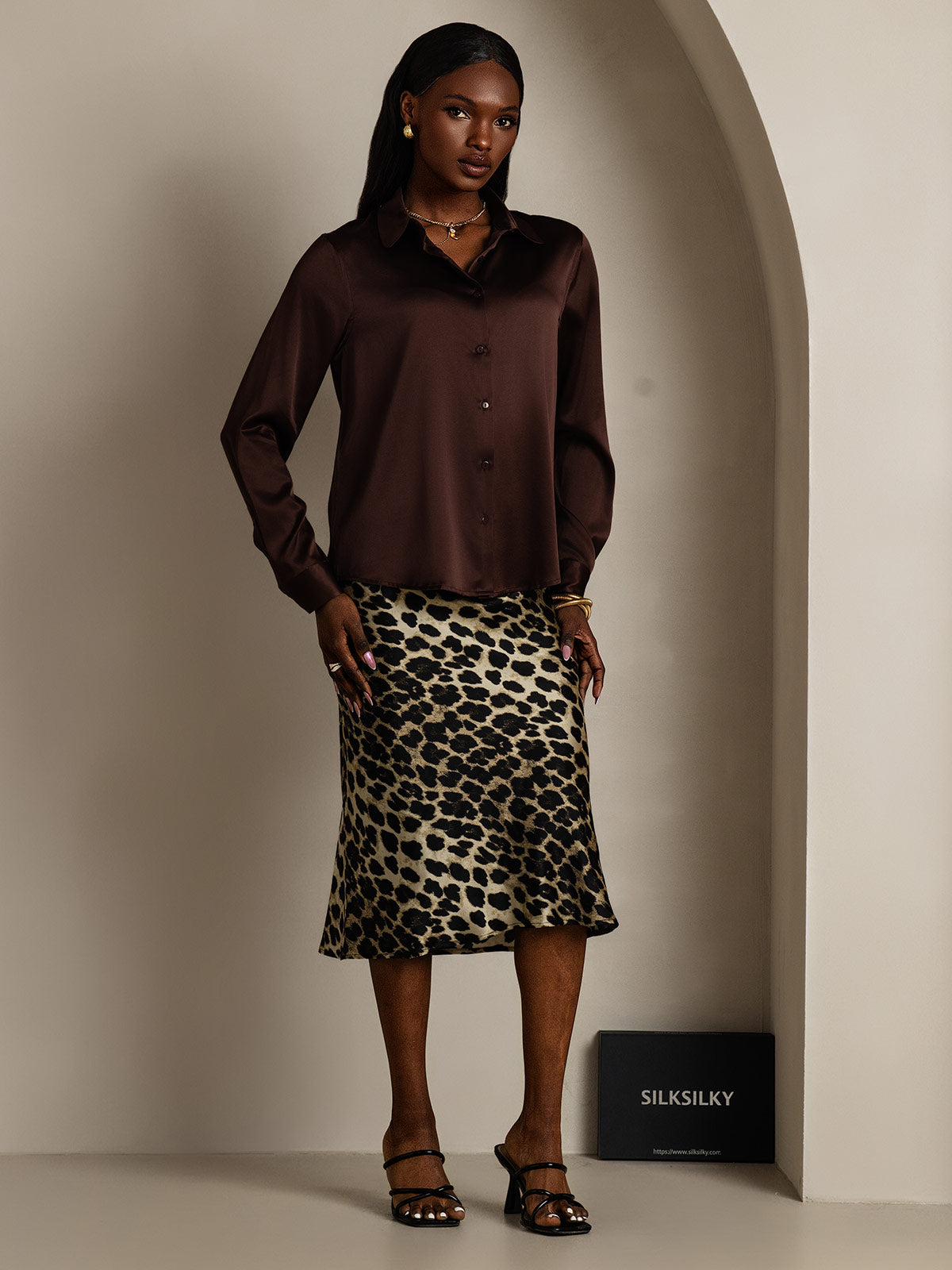 [Chocolat Noir] SilkSilky-FR Soie Manches longues Col Chemise Femme Chemise 005