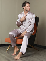 [Mauve Pâle] SilkSilky-FR Manches longues Col Cranté Homme Pyjamas 001