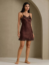 [Brun] SilkSilky-FR Sleeveless V Neck Chemises de nuit 007