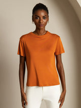[Orange] SilkSilky-FR 100% Silk Jersey Short Sleeve Mock Neck Femme T-Shirt 003