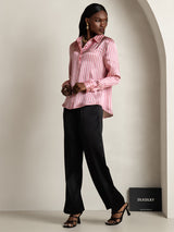 [Rayure Rose] SilkSilky-FR Long Sleeve Lapel Collar Femme Chemise 007