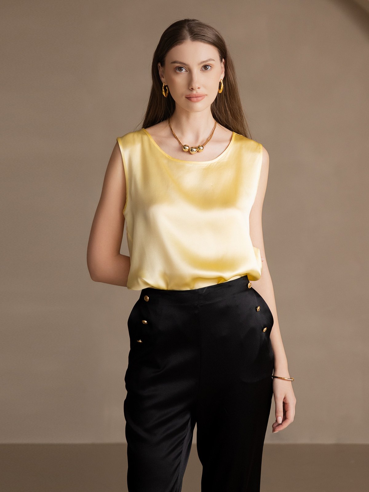 [Jaune Clair] SilkSilky-FR 19Momme Sans manches Col Rond Top À Fines Brides 004