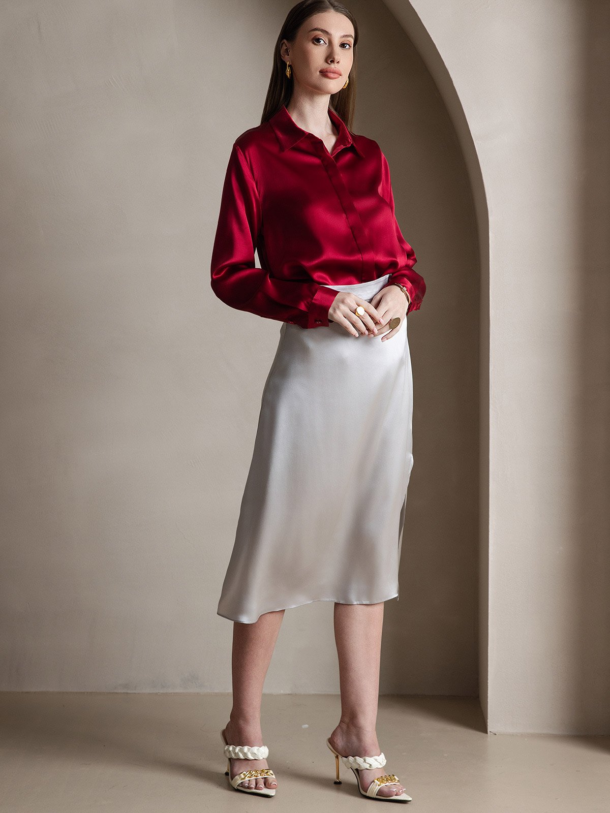 [Rouge Vineux] SilkSilky-FR 19Momme Soie Manches longues Col Chemise Femme Chemise 006