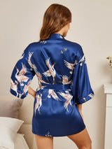 [Bleu Foncé] SilkSilky-FR 3/4 Sleeve Femme Peignoir 002