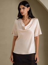 [Beige] SilkSilky-FR Short Sleeve Cowl Neck Blouse 003
