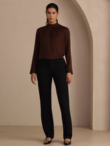 [Tan] SilkSilky-FR Long Sleeve Stand Collar Blouse 007