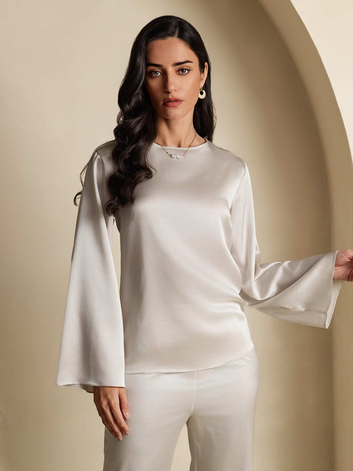 [Gris Clair] SilkSilky-FR 19Momme Soie Col Rond Femme T-Shirt 001