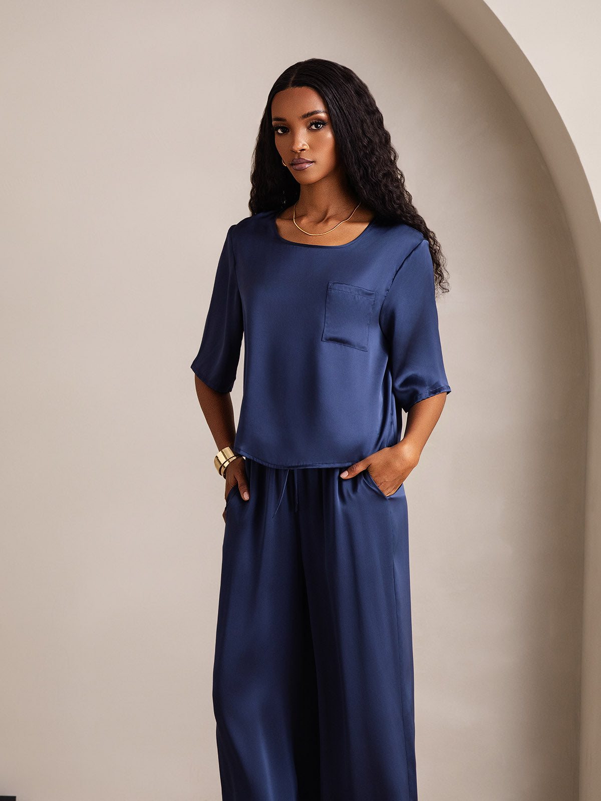 [Bleu Foncé] SilkSilky-FR Pure Soie Col Rond Femme Pyjamas 003