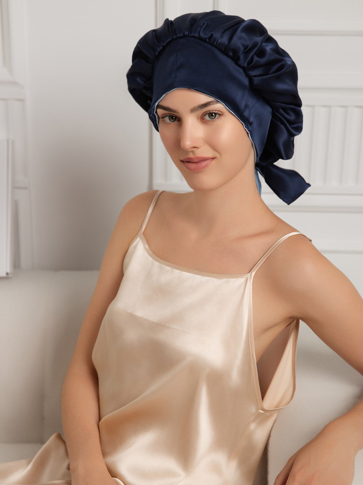 [Bleu Foncé] SilkSilky-FR Pure Soie Sleep Cap 003