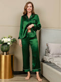 SilkSilky FR Pure Soie Manches longues Revers Femme Pyjamas Vert 005