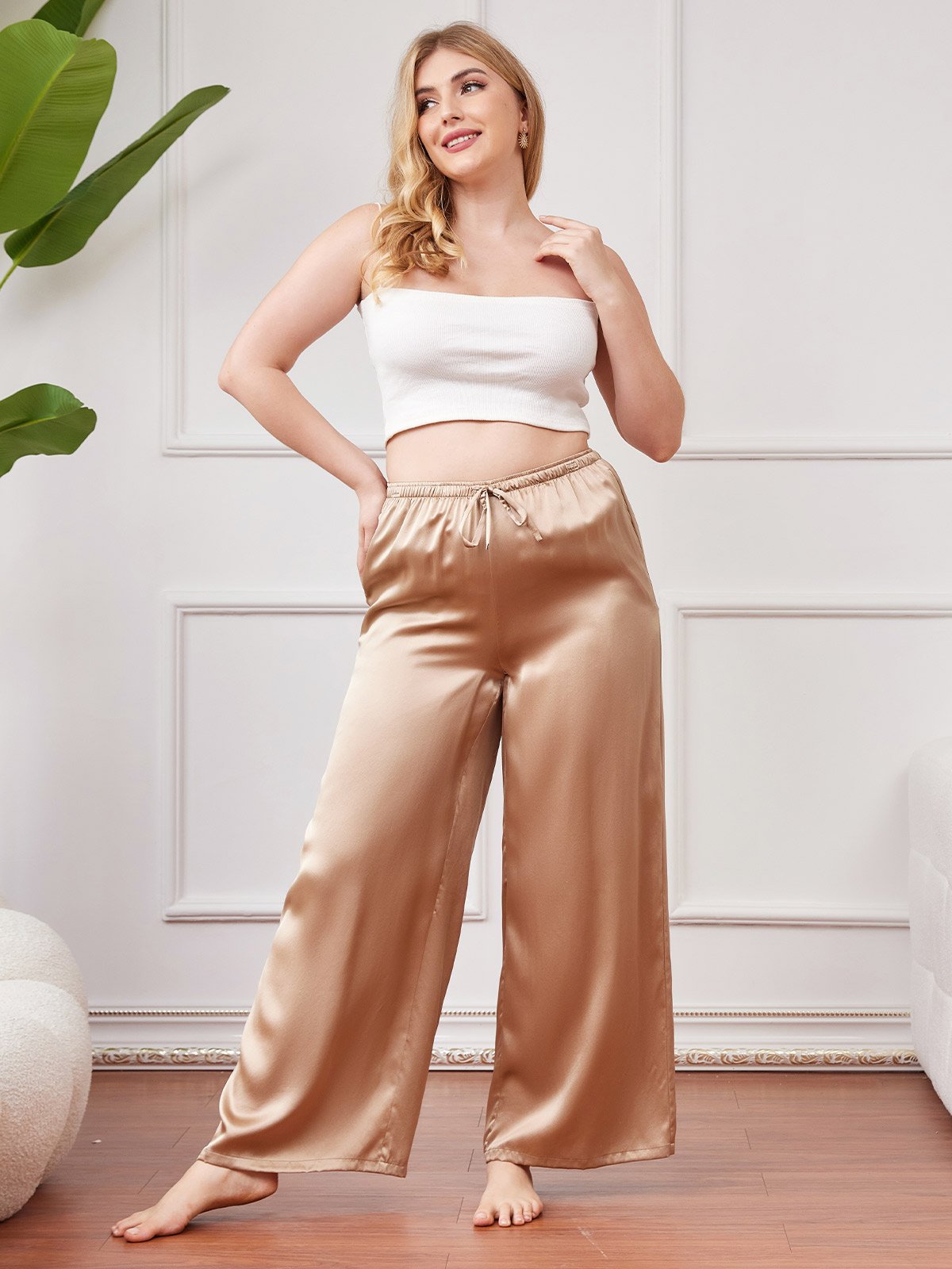 SilkSilky FR Pure Soie Plus Size Womens Pants Champagne 001