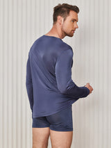 [Bleu Foncé] SilkSilky-FR Long Sleeve Round Neck Homme T-Shirt 002