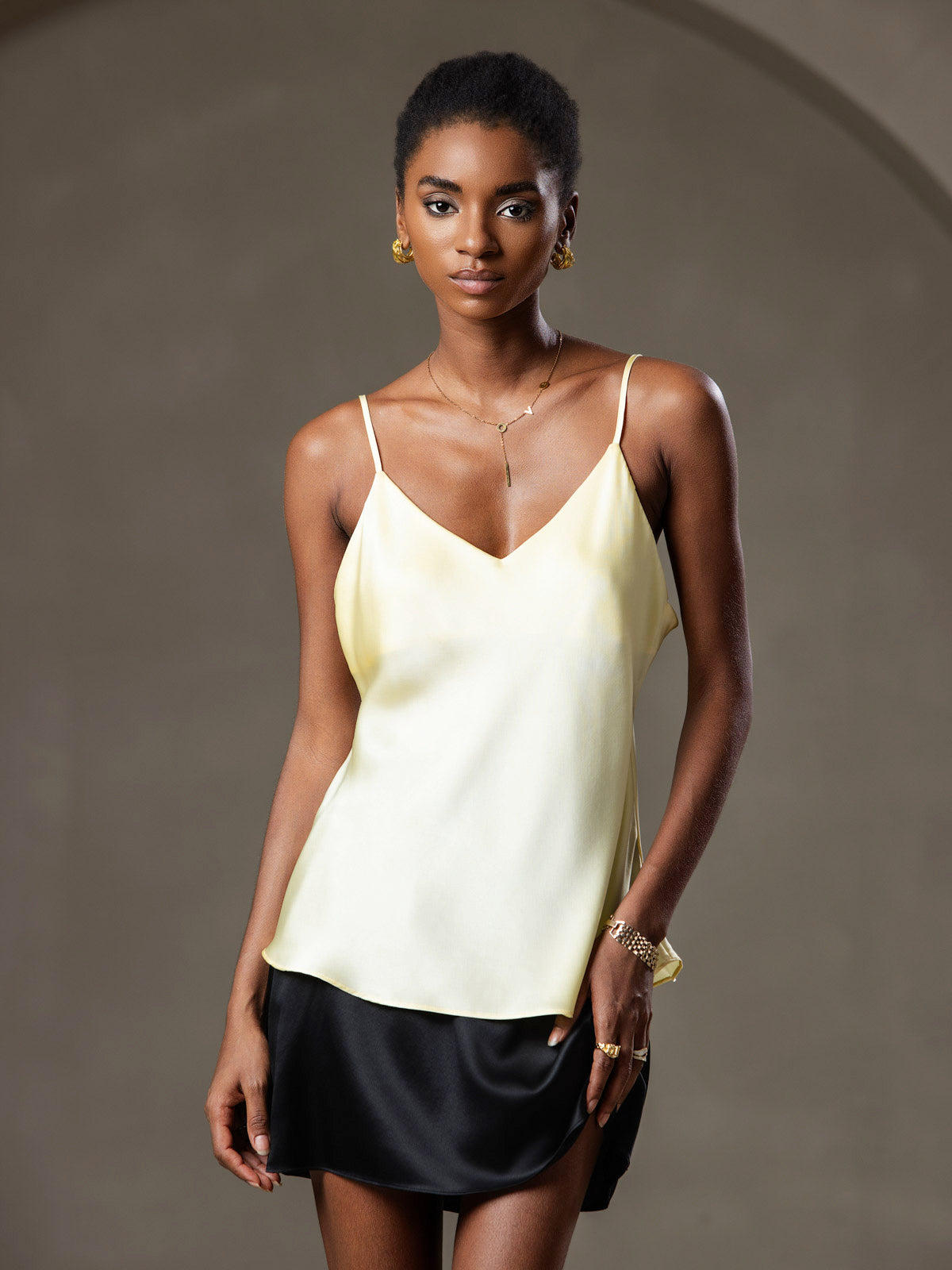 [Jaune Clair] SilkSilky-FR Pure Soie Col en V Top À Fines Brides 001