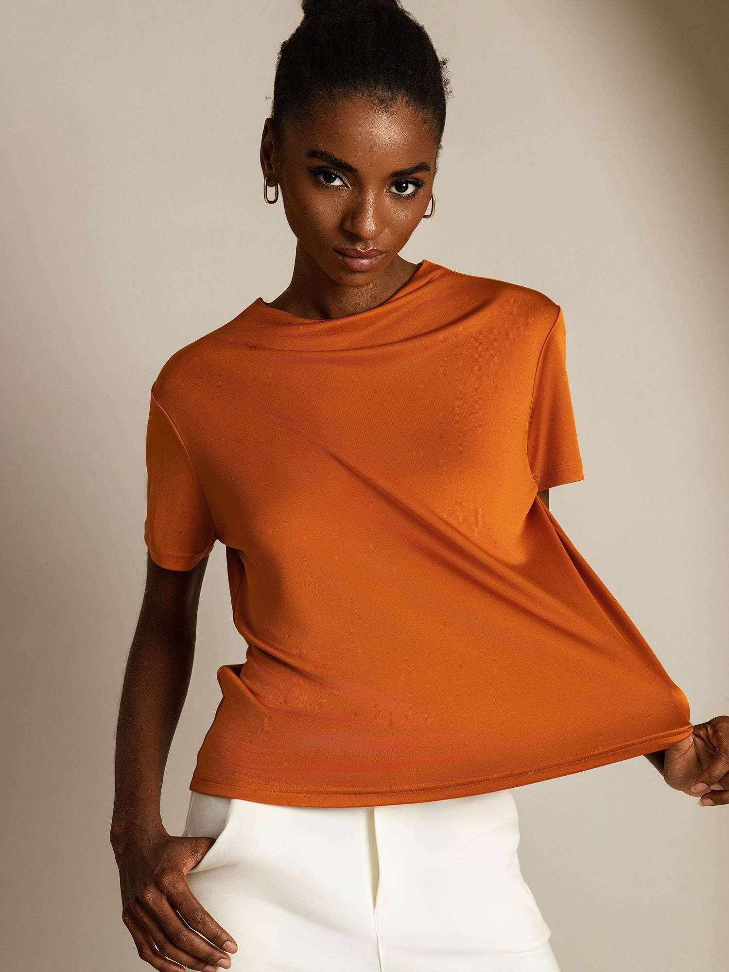 [Orange] SilkSilky-FR Soie Col Chemise Femme T-Shirt 001