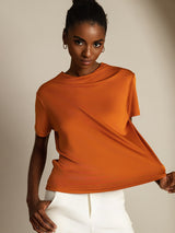 [Orange] SilkSilky-FR 100% Silk Jersey Short Sleeve Mock Neck Femme T-Shirt 001