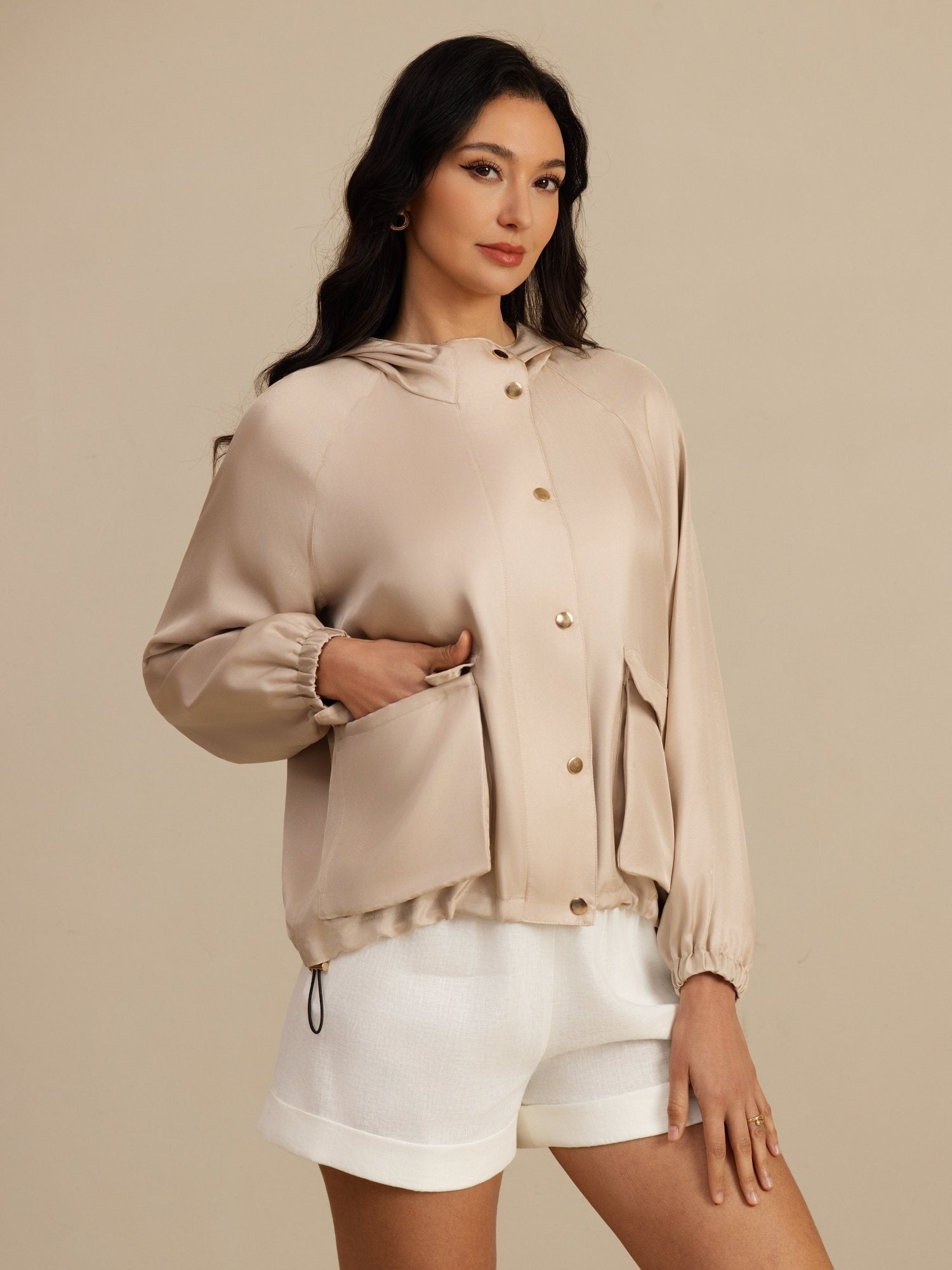 [Tan] SilkSilky-FR Manches longues Col Haut Femme Manteaux 005