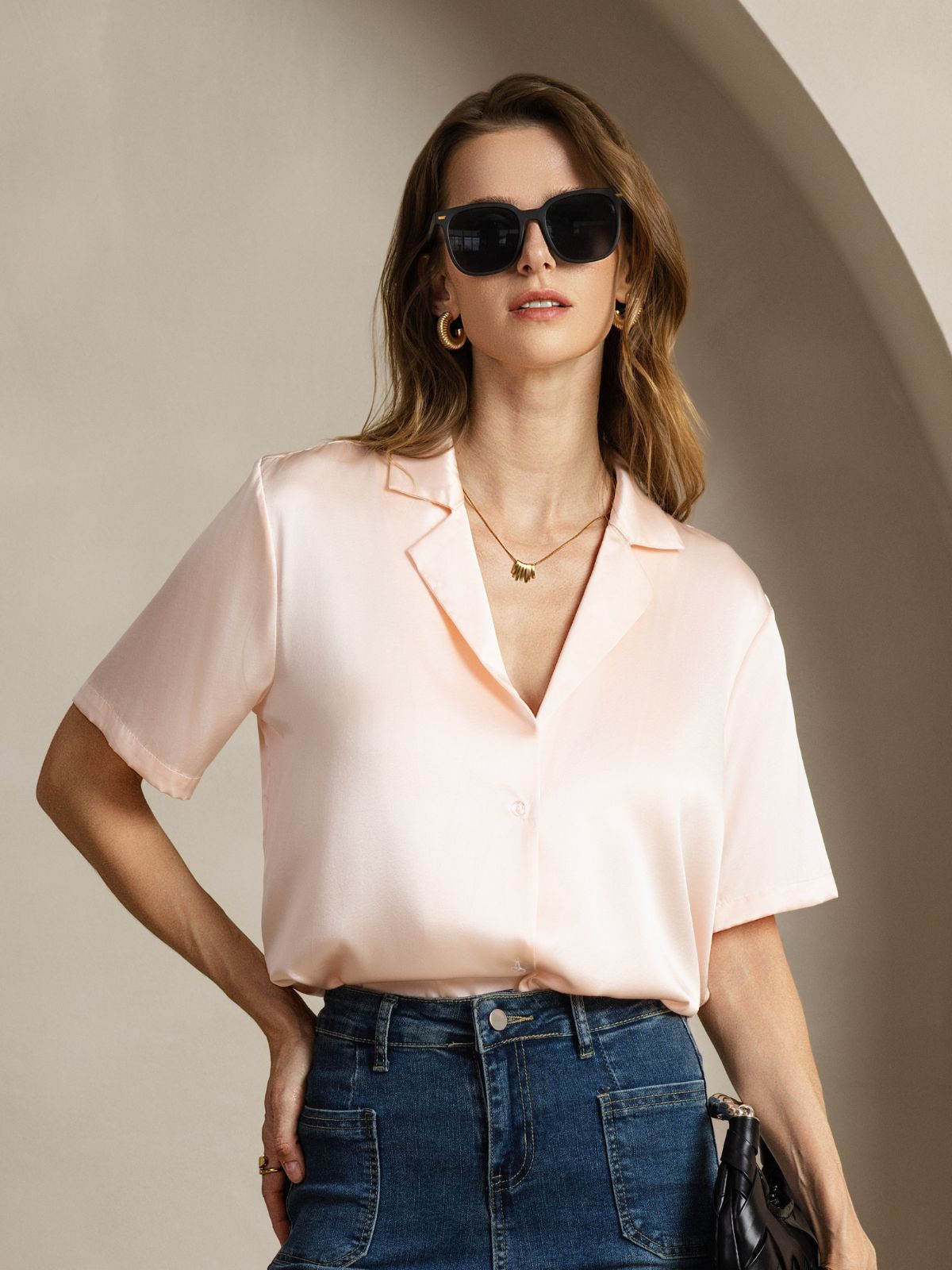 [Rose] SilkSilky-FR 19Momme Soie Découpe V Femme Chemise 001