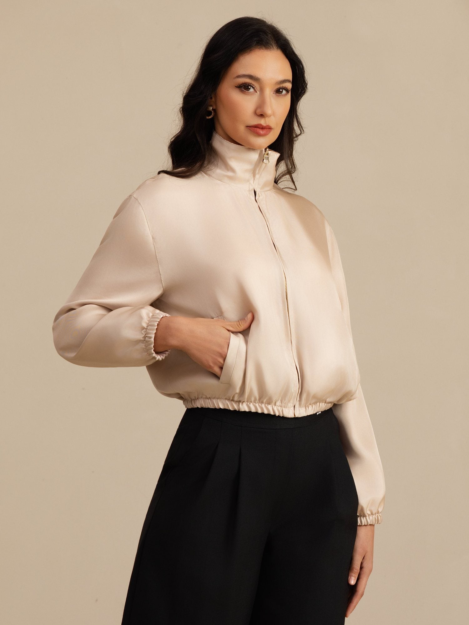 [Tan+Rose] SilkSilky-FR 18Momme Manches longues Col Montant Femme Manteaux 004