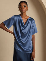 [Bleu Canard Véritable] SilkSilky-FR Short Sleeve Cowl Neck Blouse 005