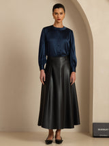 [Bleu Foncé] SilkSilky-FR 19Momme Long Sleeve Round Neck Blouse 007