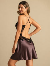 [Marron Foncé] SilkSilky-FR Sleeveless V Neck Chemises de nuit 002