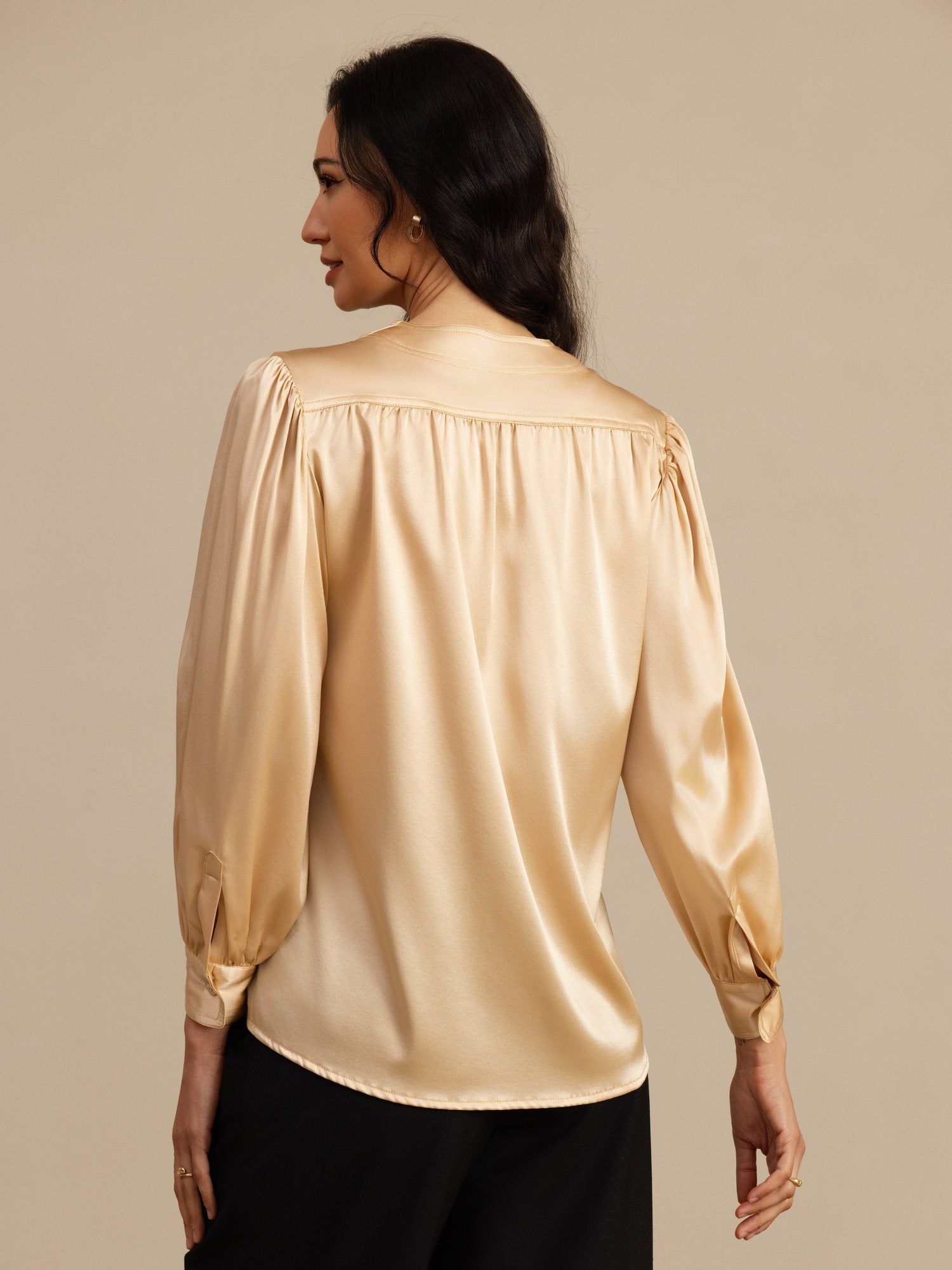 [Champagne] SilkSilky-FR 19Momme Long Sleeve Round Neck Blouse 002