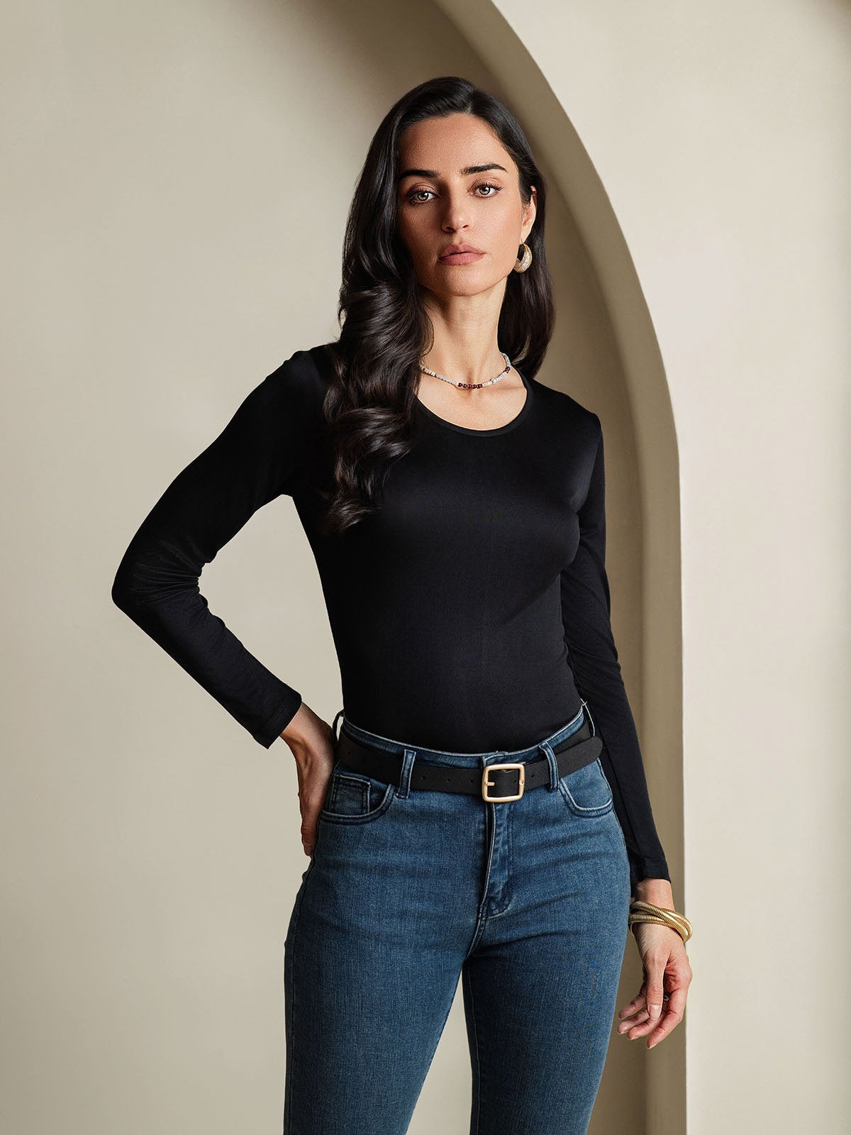 [Noir] SilkSilky-FR Manches longues Col Rond Femme T-Shirt 001