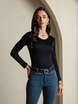[Noir] SilkSilky-FR Manches longues Col Rond Femme T-Shirt 001