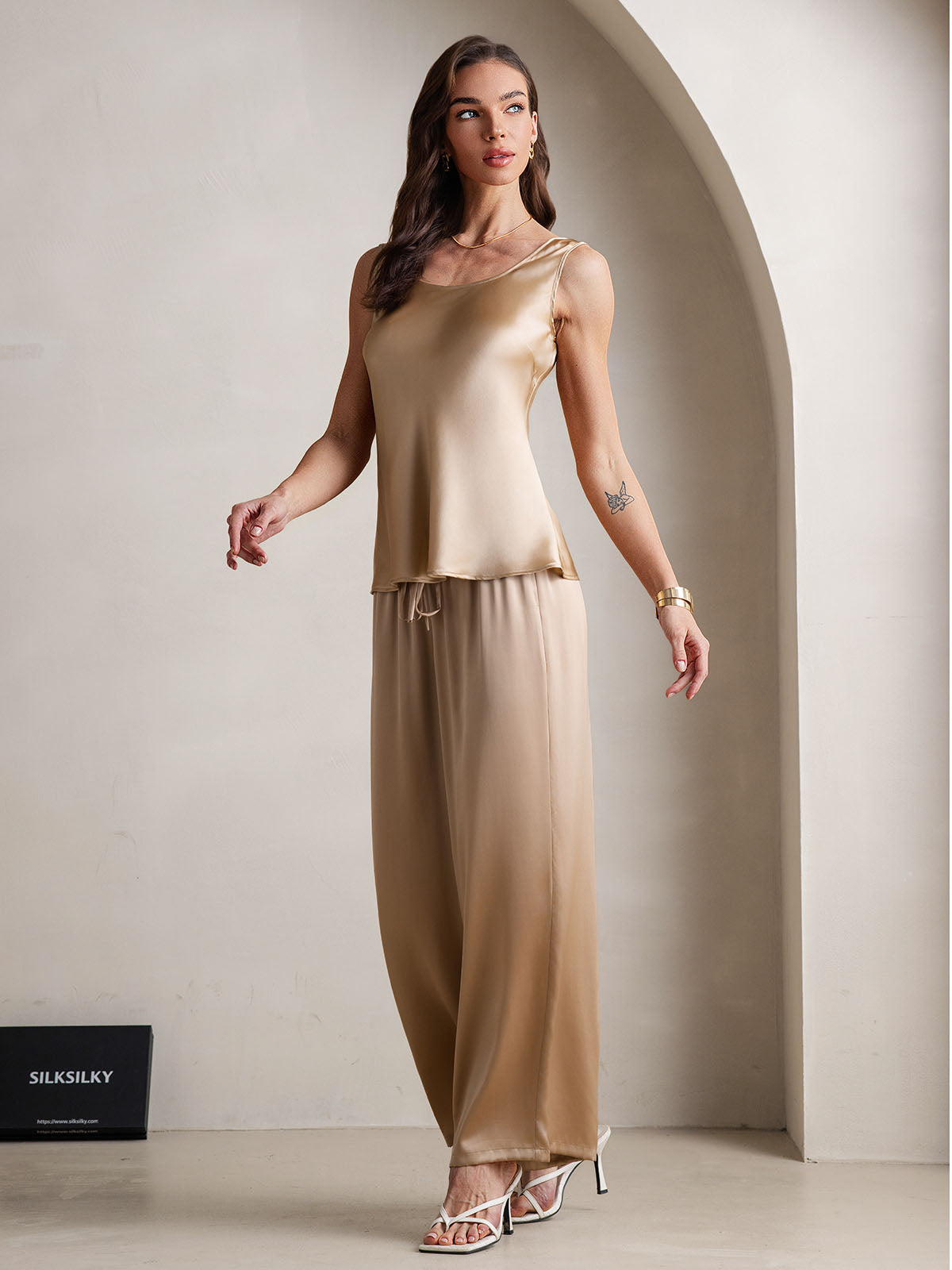 [Champagne] SilkSilky-FR Pure Soie Col Bateau Ensemble Camisole 006