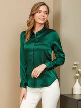 [Vert Foncé] SilkSilky-FR Long Sleeve Lapel Collar Femme Chemise 003