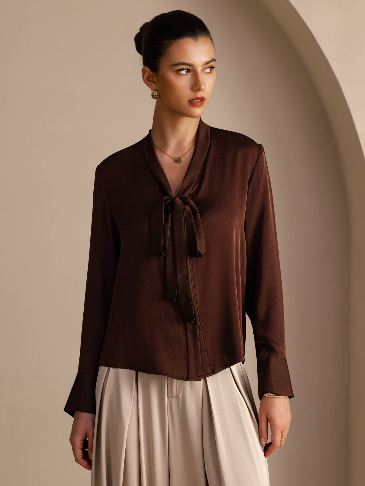 [Chocolat Noir] SilkSilky-FR Long Sleeve Tie Neck Blouse 001