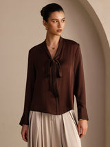 [Chocolat Noir] SilkSilky-FR Long Sleeve Tie Neck Blouse 001