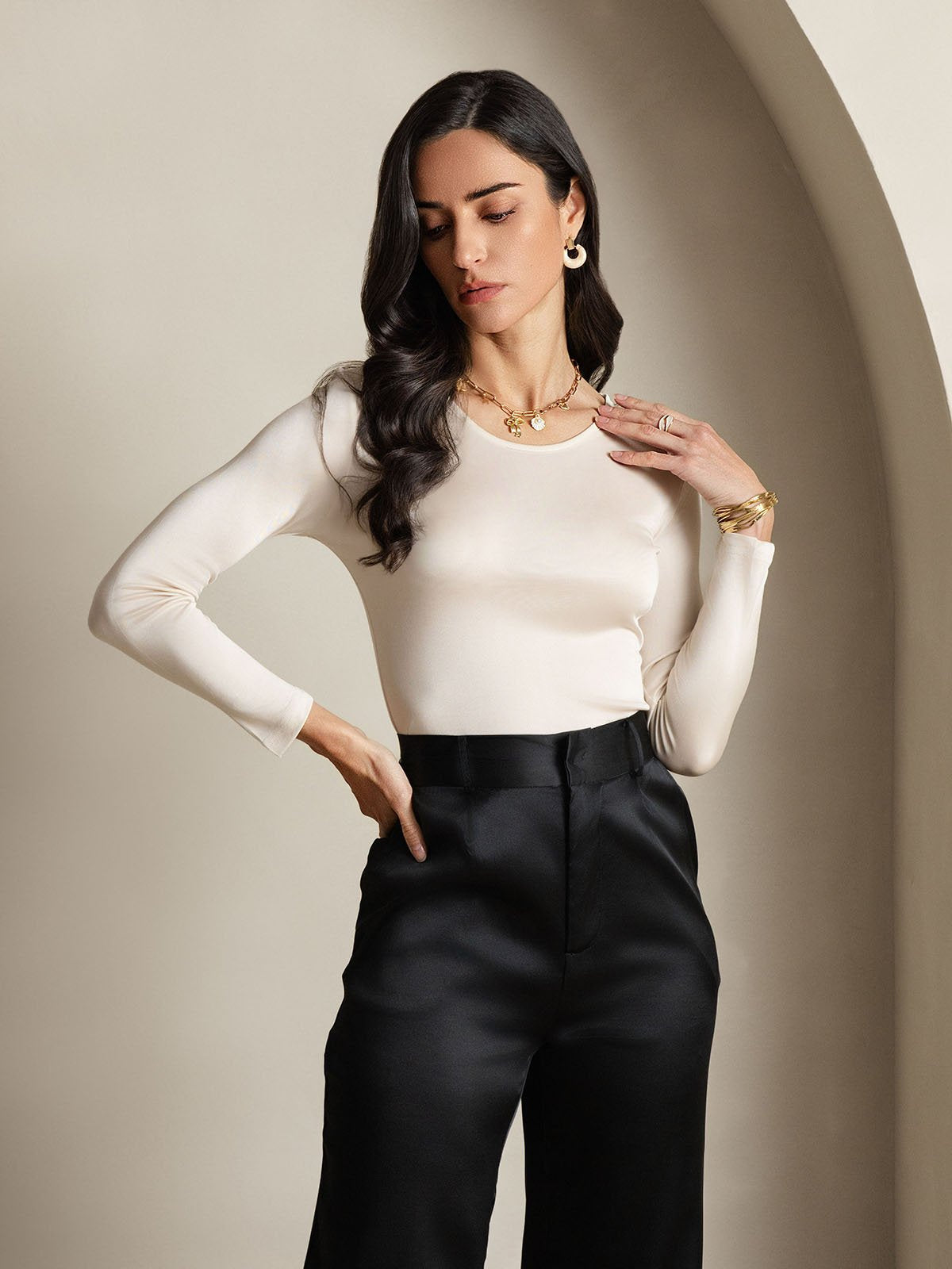 [Beige] SilkSilky-FR Manches longues Col Rond Femme T-Shirt 003