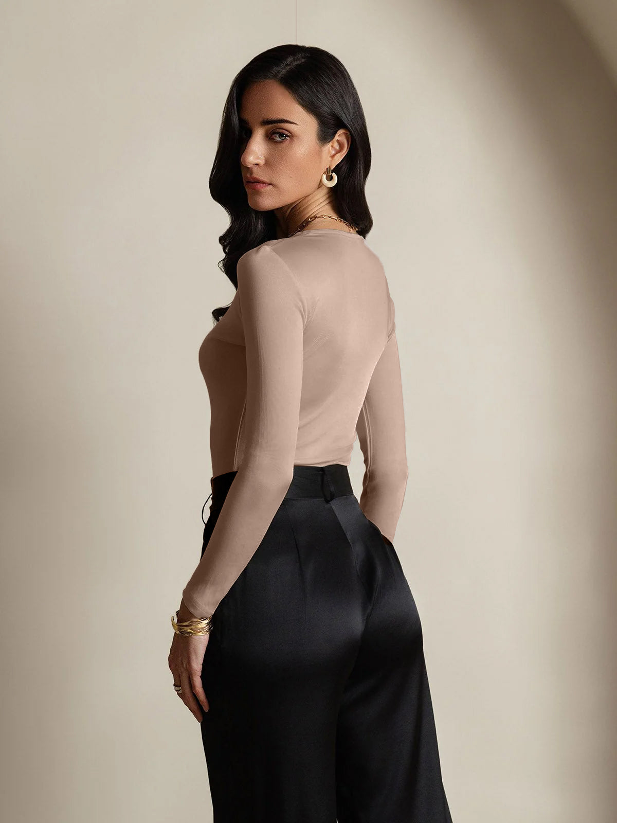 [Café] SilkSilky-FR Manches longues Col Rond Femme T-Shirt 002