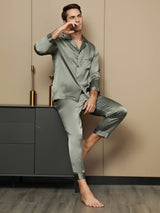 [Vert Grisâtre] SilkSilky-FR Pure Soie Manches longues Revers Homme Pyjamas 004