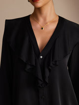 [Noir] SilkSilky-FR Long Sleeve Deep V Neck Blouse 005