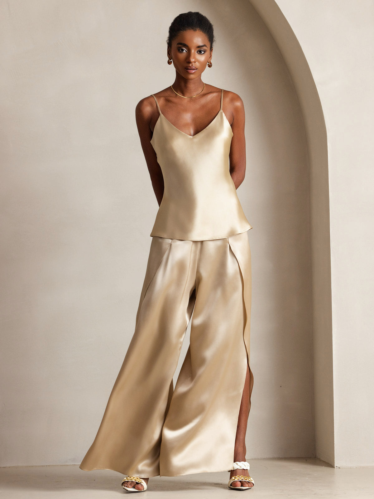 [Champagne] SilkSilky-FR Pure Soie Col en V Top À Fines Brides 001