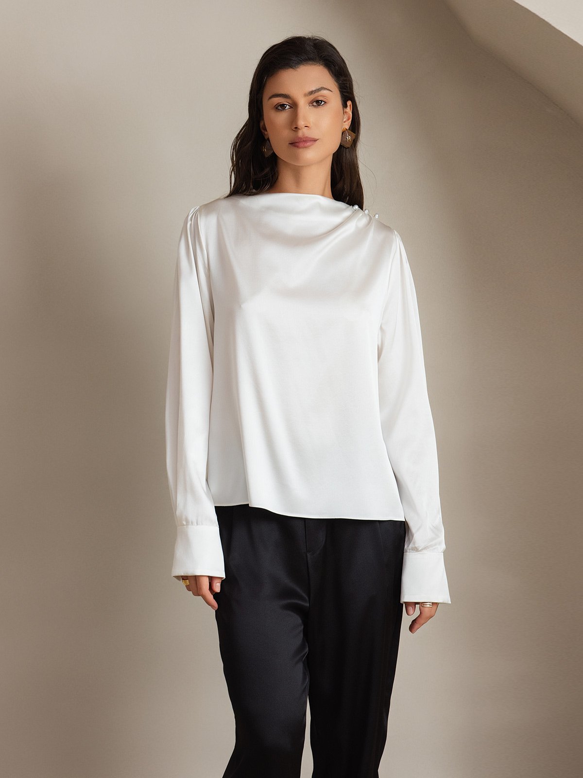 [Blanc] SilkSilky-FR 19Momme Soie Womens Shirt 006