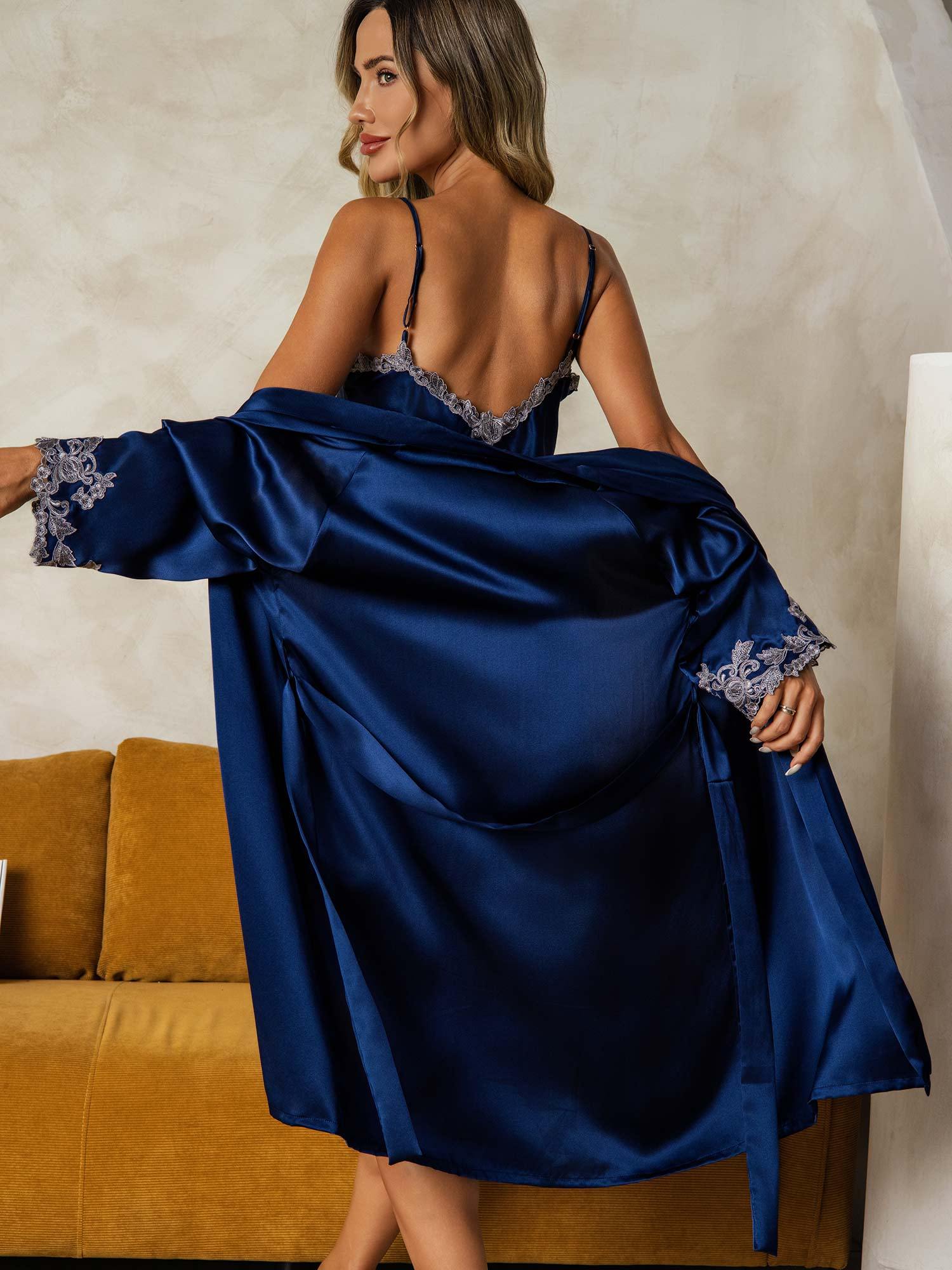 [BleuFoncé] SilkSilky-FR Soie Nightgown&Robe Set 002