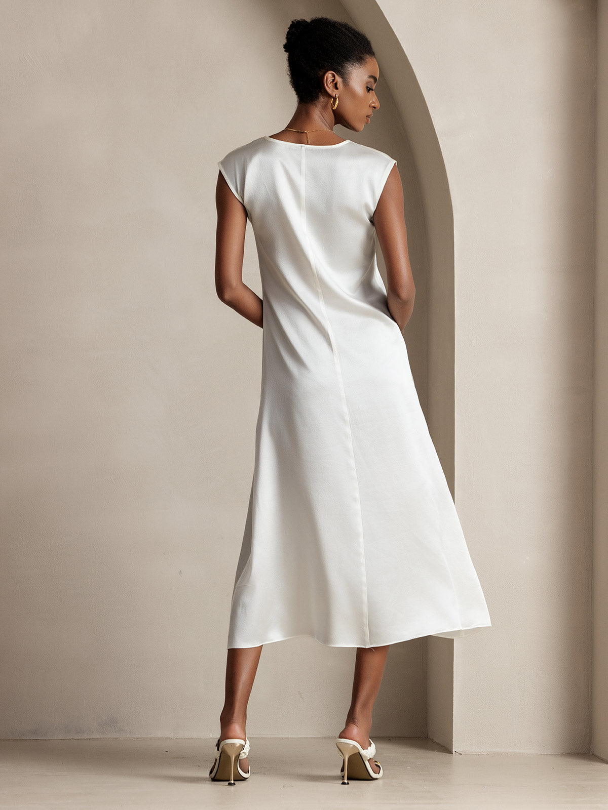[Blanc] SilkSilky-FR 19Momme Soie Col Rond Robes 002