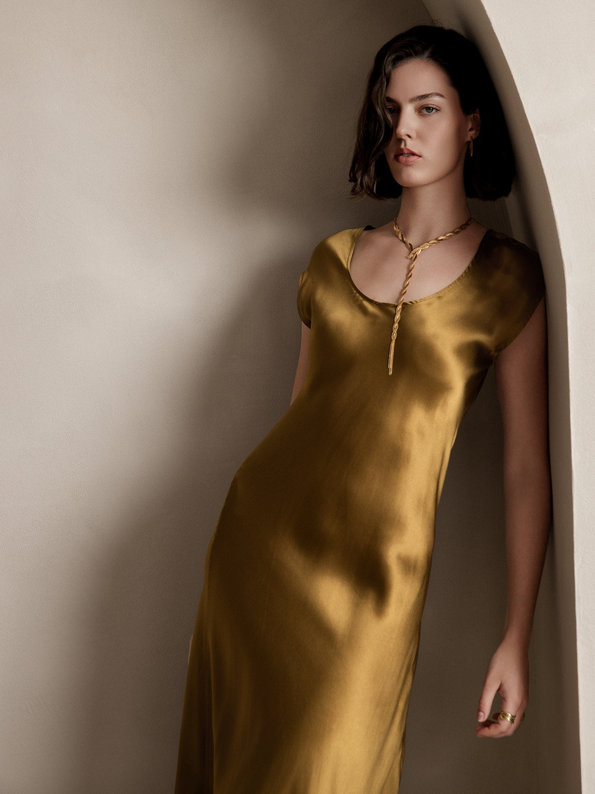 [Brun] SilkSilky-FR 19Momme Soie Col Rond Robes 004