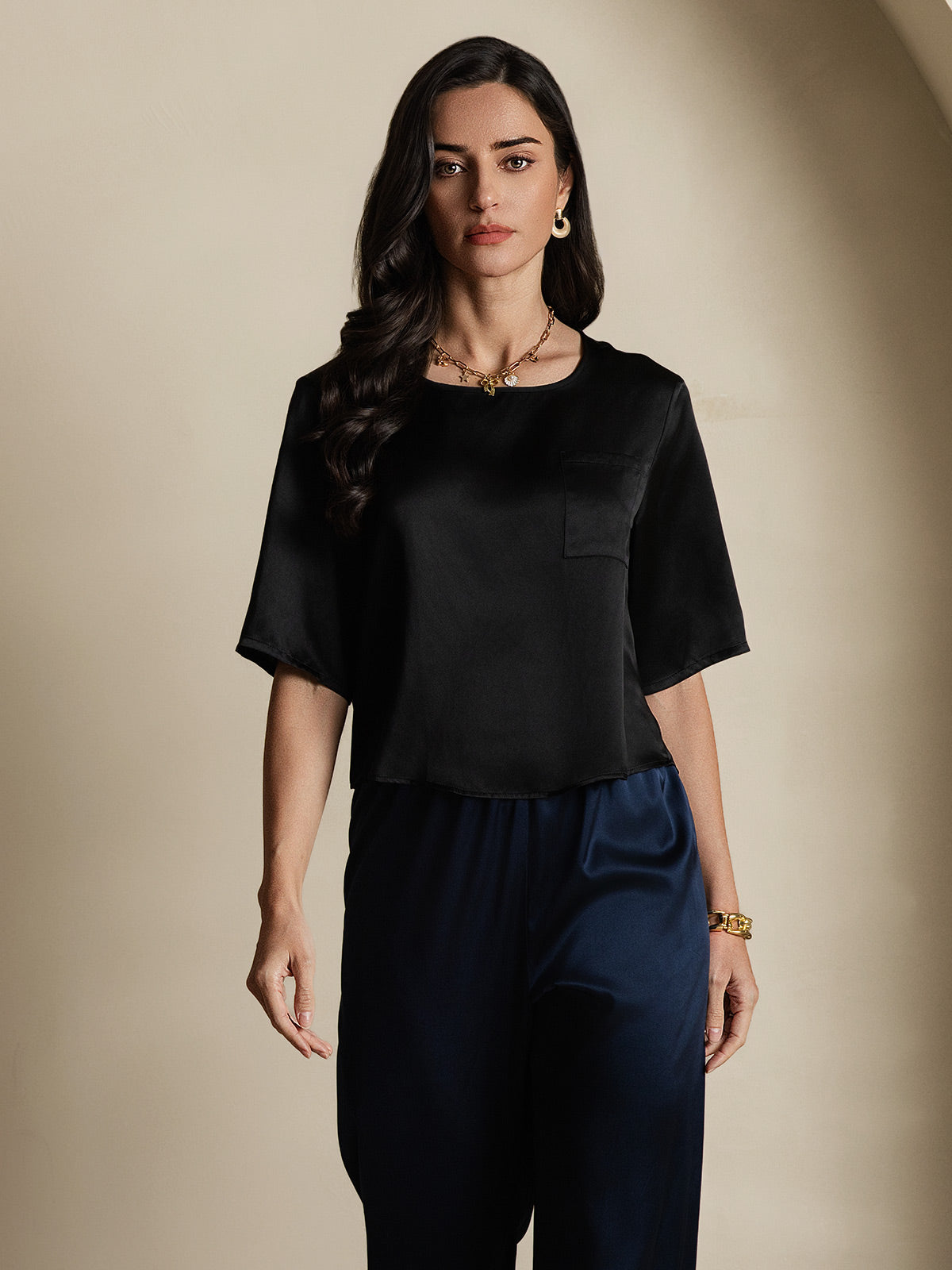 [Noir] SilkSilky-FR Pure Soie Manches mi-longues Col Bateau Femme T-Shirt 004