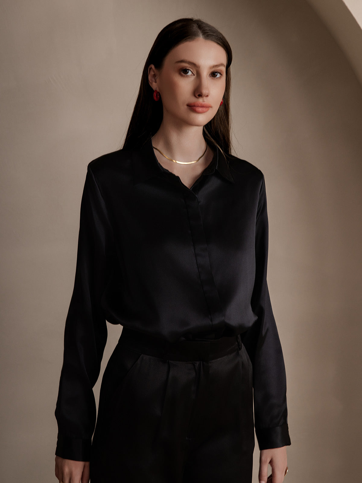 [Noir] SilkSilky-FR 19Momme Soie Lapel Collar Femme Chemise 004